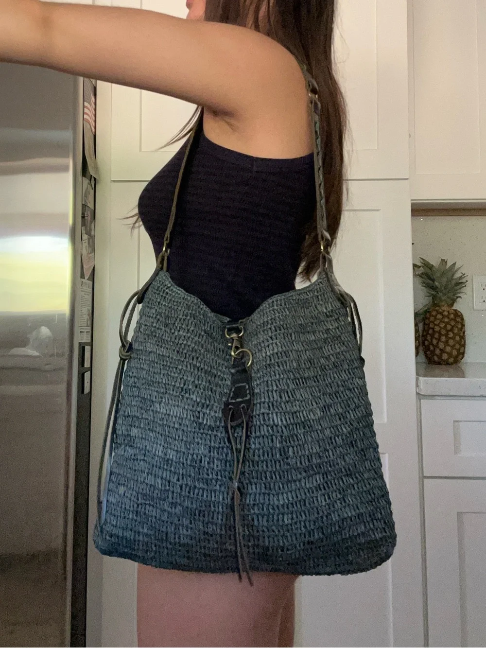 Sans Arcidet Paris Blue Raffia Woven Shoulder Bag
